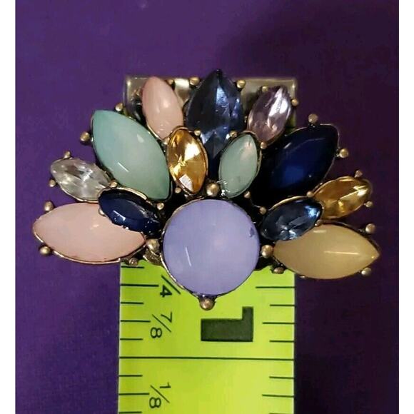 Multicolored Rhinestone Half Flower Shaped Drop Earrings Antiqued Brass Tone New - Picture 7 of 8